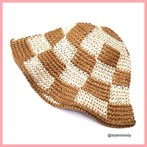 Straw Checkerboard Bucket Hat Packable Wide Brim Floppy Beach Sun Hat main image 6